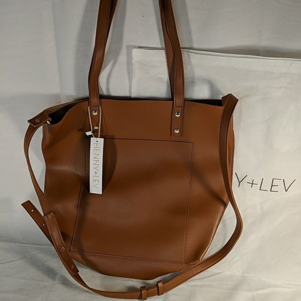 NEW Henny + Lev Vegan Leather Cognac Brown 2-in-1 Tote Bag Purse Crossbody Dust